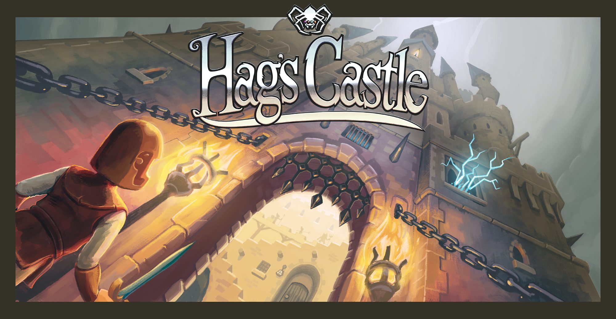 Hag's Castle box art: a knight with a torch approaches a stormy castle gate